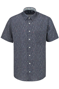 Surf's Up Navy Print Short Sleeve No-Iron Cotton Sport Shirt with Hidden Button Down Collar by Leo Chevalier