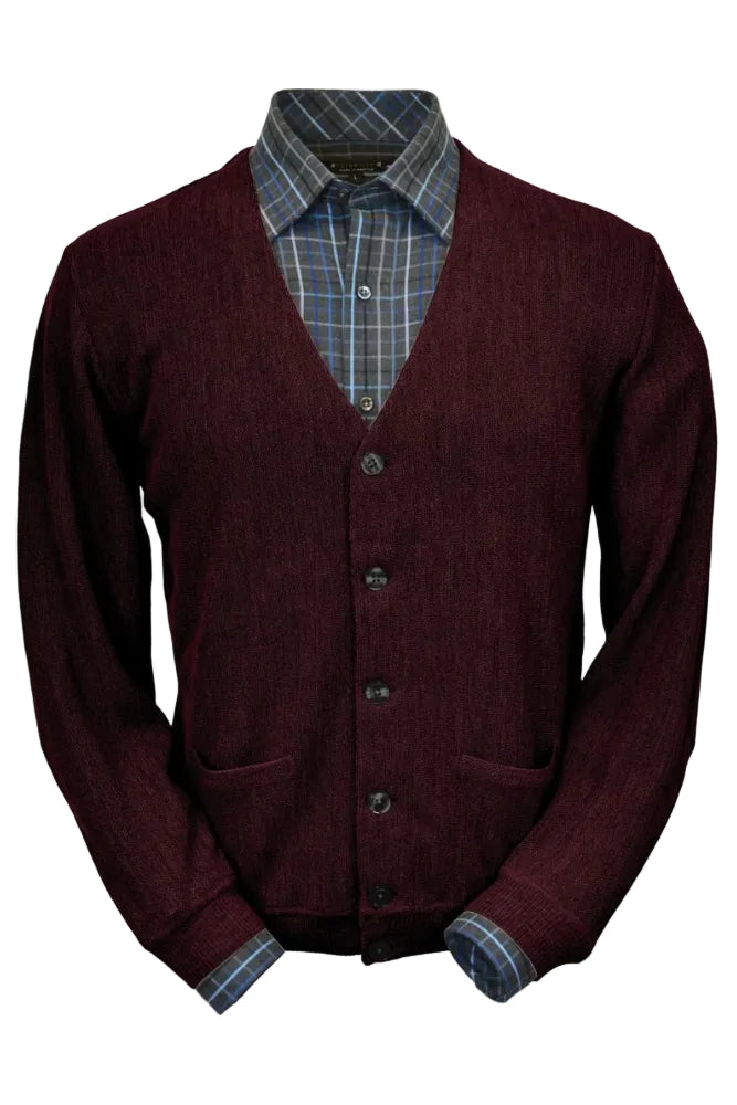 Baby Alpaca 'Links Stitch' V-Neck Cardigan Sweater in Wine Heather by Peru Unlimited