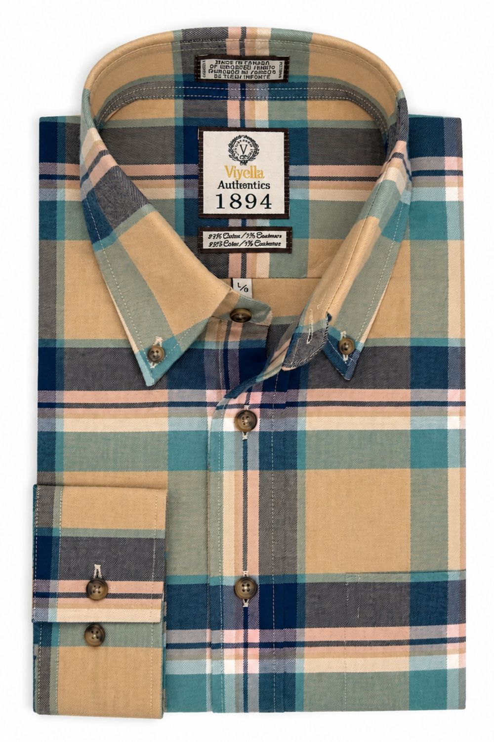 Tan, Blue, and Pink Multi Plaid Cotton and Cashmere Blend '1894 Authentics' Button-Down Shirt by Viyella