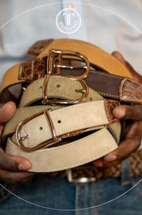 Sueded Calfskin Casual Belt with Crocodile-Embossed Calfskin Tabs in Dark Brown by Torino Leather