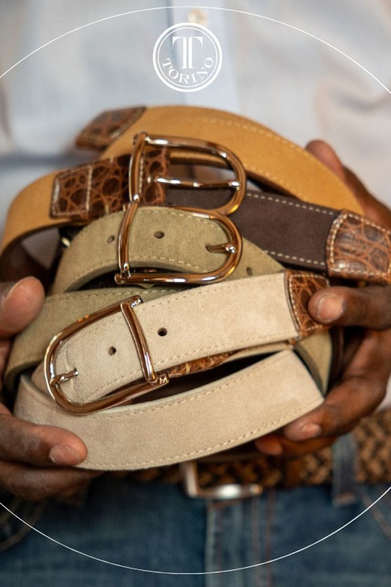 Sueded Calfskin Casual Belt with Crocodile-Embossed Calfskin Tabs in Dark Brown by Torino Leather