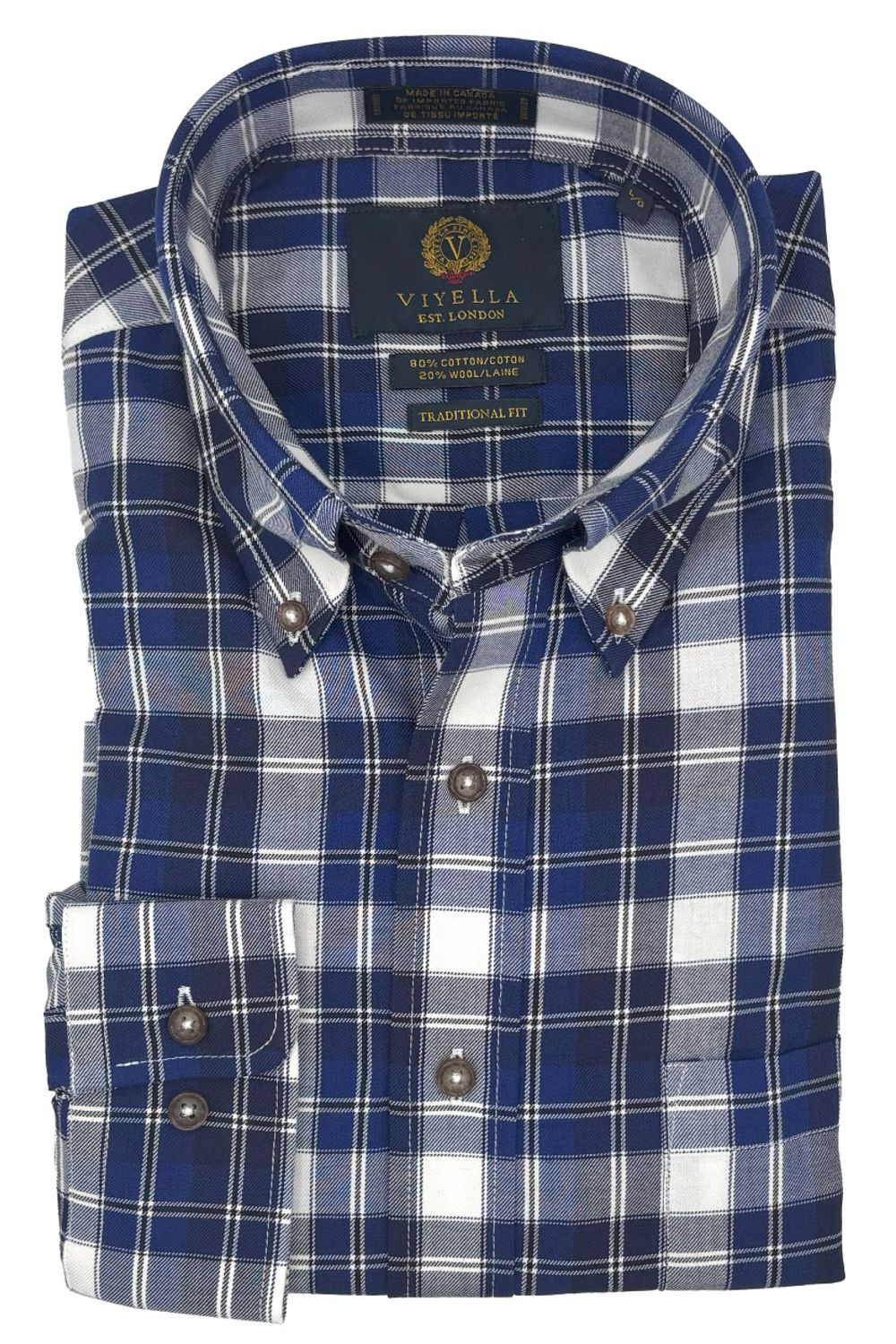 Blue, White, and Charcoal Plaid Cotton and Wool Blend Button-Down Shirt by Viyella