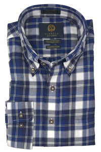 Blue, White, and Charcoal Plaid Cotton and Wool Blend Button-Down Shirt by Viyella