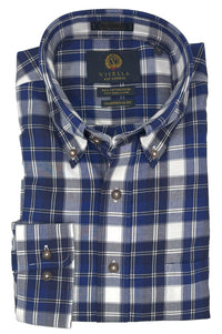 Blue, White, and Charcoal Plaid Cotton and Wool Blend Button-Down Shirt by Viyella