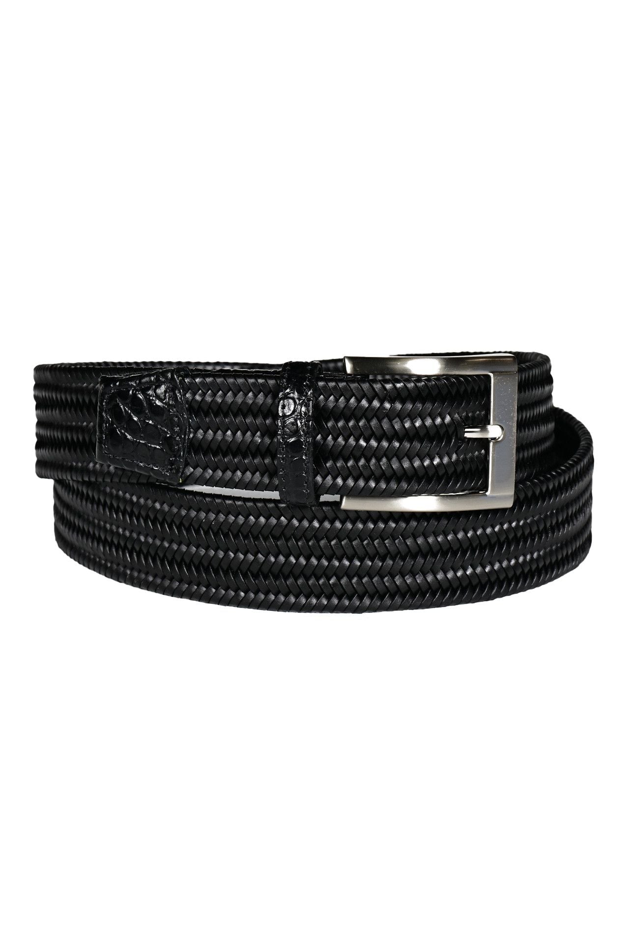 Italian Woven Calfskin Leather Belt with Gator Embossed Tabs in Black by Torino Leather