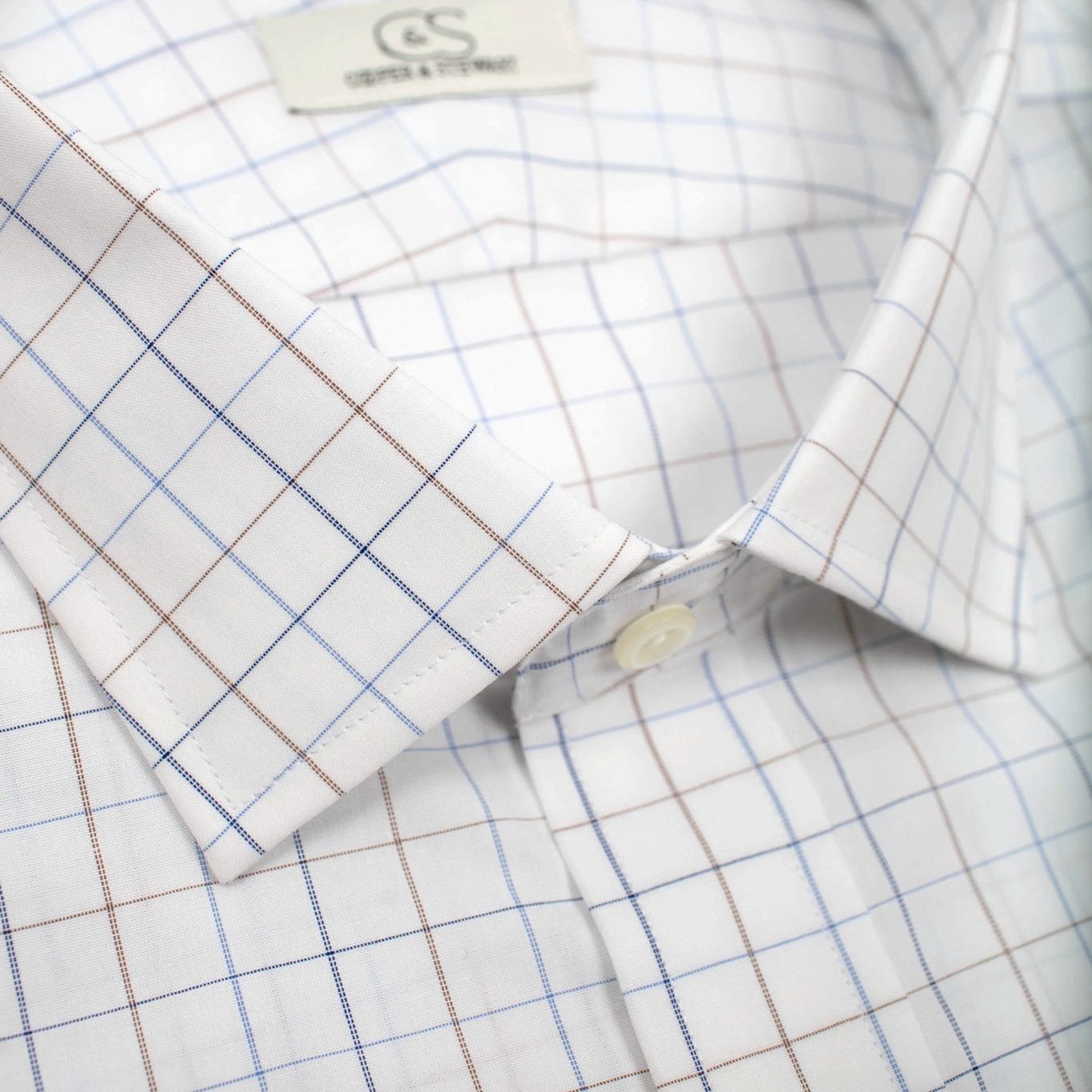Blue and Tan Check Stretch Cotton Wrinkle-Free Dress Shirt with Spread Blue and Tan Check Stretch Cotton Wrinkle-Free Dress Shirt with Spread