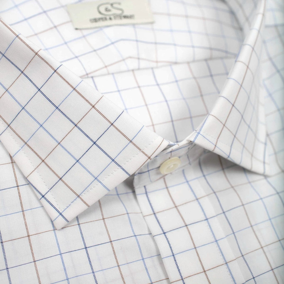 Blue and Tan Check Stretch Cotton Wrinkle-Free Dress Shirt with Spread