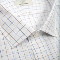 Blue and Tan Check Wrinkle-Free Stretch Cotton Dress Shirt with Spread Collar by Cooper & Stewart