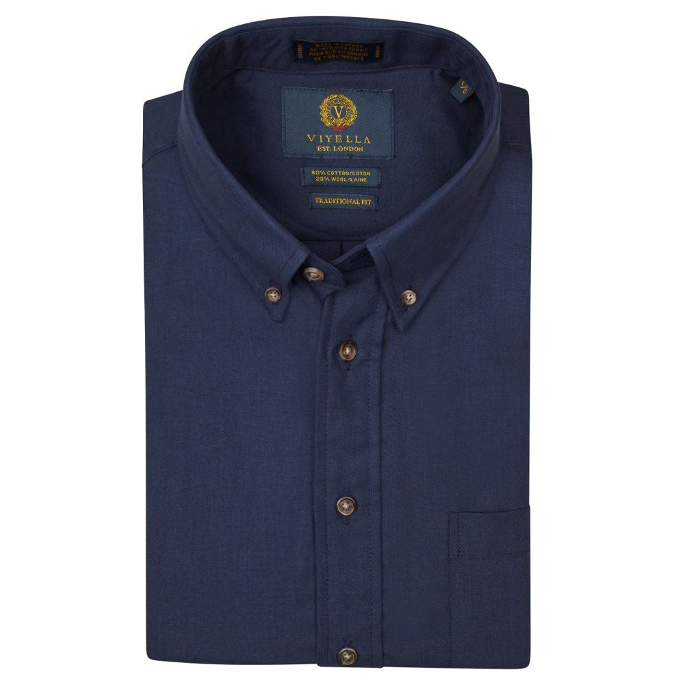 Solid Cotton and Wool Blend Button-Down Shirt in Navy by Viyella