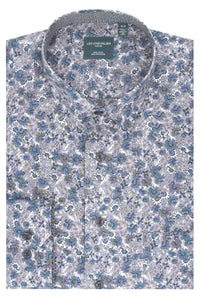 Grey and Blue Floral Print Cotton Sport Shirt with Hidden Button Down Collar by Leo Chevalier