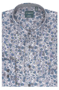 Grey and Blue Floral Print Cotton Sport Shirt with Hidden Button Down Collar by Leo Chevalier