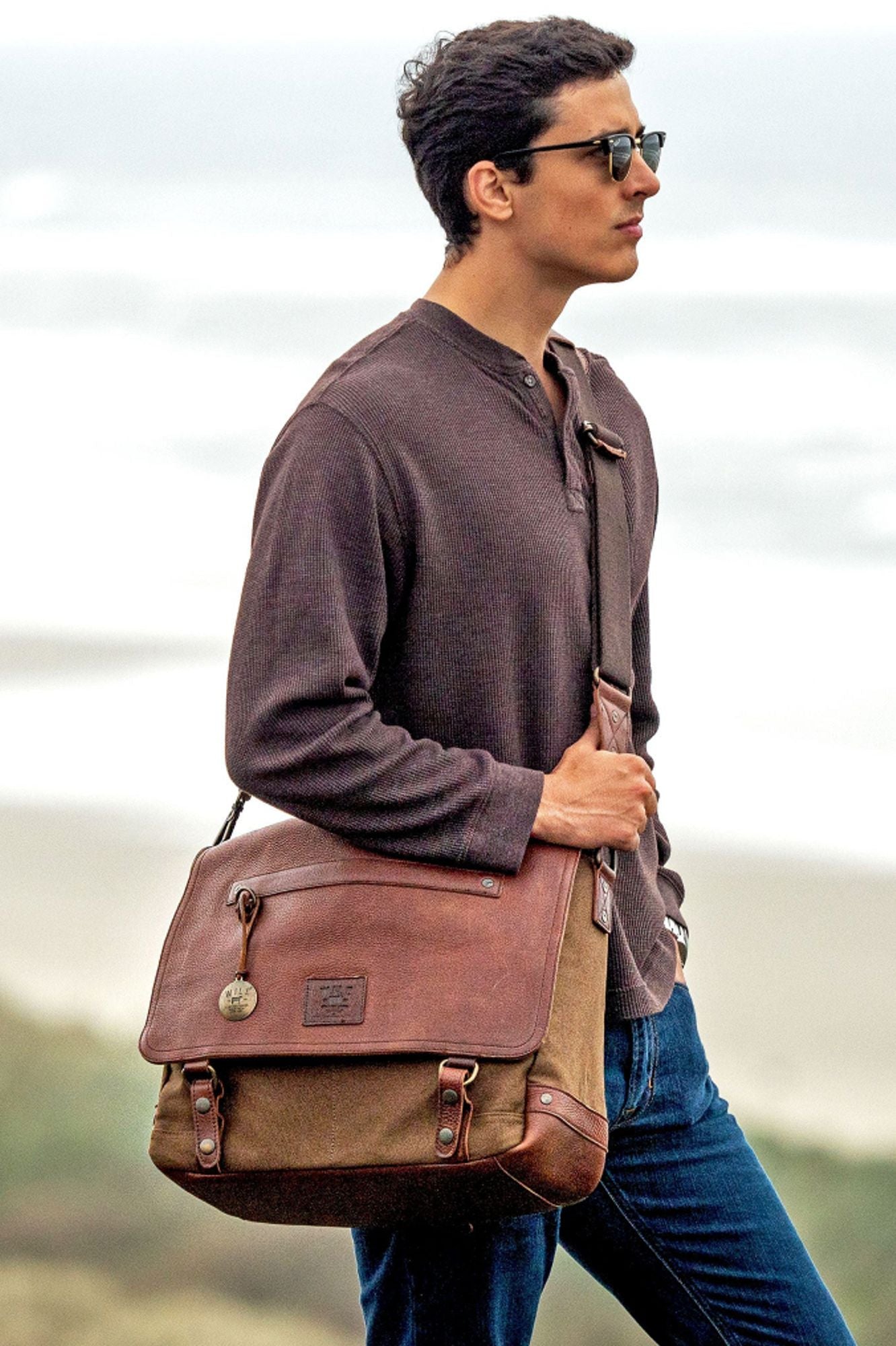 Wallace Canvas and Leather Messenger Bag in Tobacco with Saddle Brown Leather by Will Leather Goods