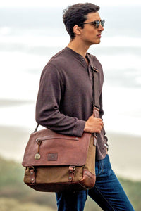 Wallace Canvas and Leather Messenger Bag in Tobacco with Saddle Brown Leather by Will Leather Goods