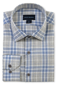 Weekend Heathered Windowpane Plaid Cotton Sport Shirt in Blue and Grey by Scott Barber