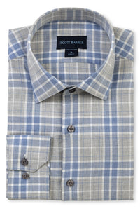 Weekend Heathered Windowpane Plaid Cotton Sport Shirt in Blue and Grey by Scott Barber