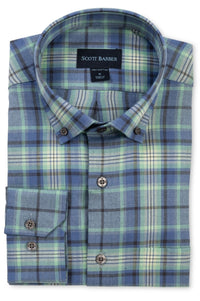 Herringbone Twill Plaid Cotton Sport Shirt with Button Down Collar in Blue Multi by Scott Barber