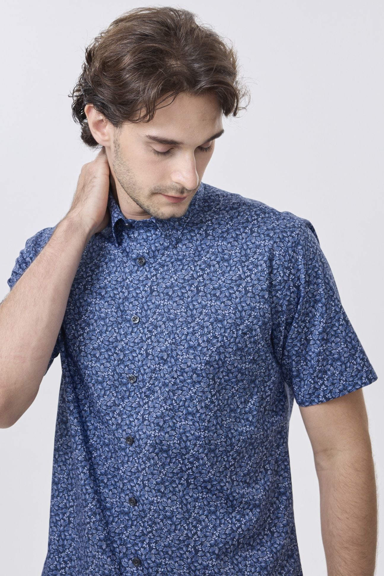 Navy and Blue Botanical Leaf Print Short Sleeve No-Iron Cotton Sport Shirt with Hidden Button Down Collar by Leo Chevalier