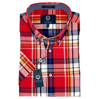Cotton Madras Short Sleeve Cotton Sport Shirt in Red, White, and Navy Plaid by Viyella