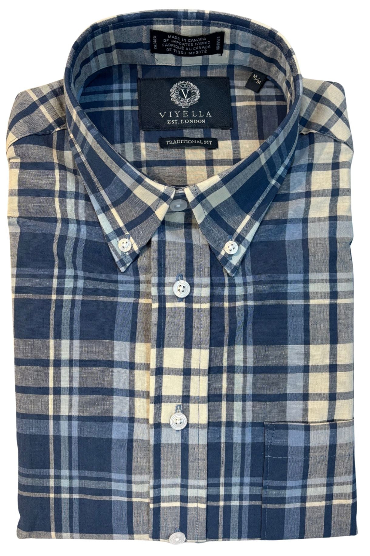 Dark Blue, Navy. and Butter Plaid Linen Long Sleeve Sport Shirt by Viyella