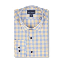 Micro Dobby Glen Plaid Cotton Sport Shirt in Flax and Blue by Scott Barber