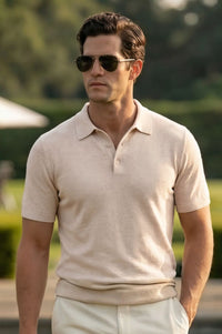 Fine Gauge Bouclé Knit Polo in Flax by Scott Barber