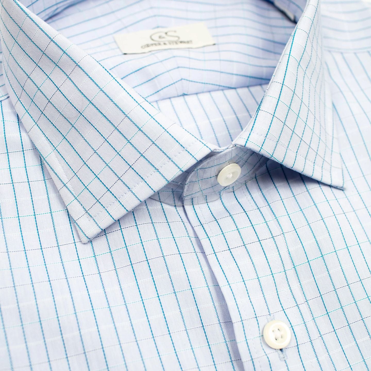 Blue and Turquoise Satin Check Wrinkle-Free Cotton Dress Shirt with Sp