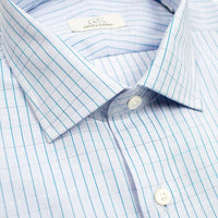 Blue and Turquoise Satin Check Wrinkle-Free Cotton Dress Shirt with Spread Collar by Cooper & Stewart