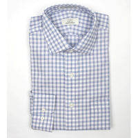 Blue and Tan Check Wrinkle-Free Cotton Dress Shirt with Spread Collar by Cooper & Stewart