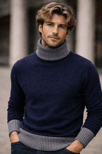 Pure Cashmere Contrast Trim Turtleneck Sweater in Navy by Milano Atelier
