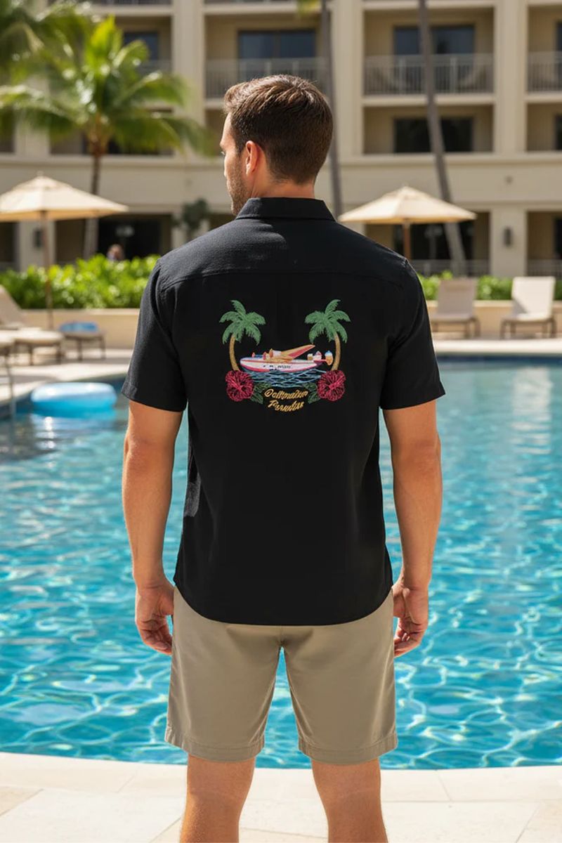 'Destination Paradise' Embroidered Seaplane Short Sleeve Resort Hawaiian Shirt in Black by Weekender