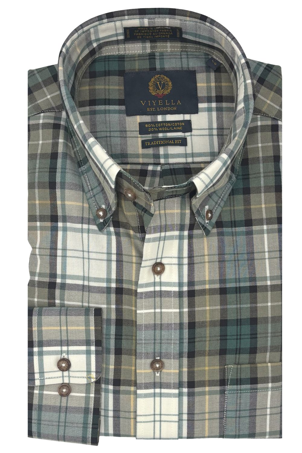 Sage Green and Winter White Plaid Cotton and Wool Blend Button-Down Sh