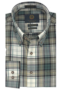 Sage Green and Winter White Plaid Cotton and Wool Blend Button-Down Shirt by Viyella