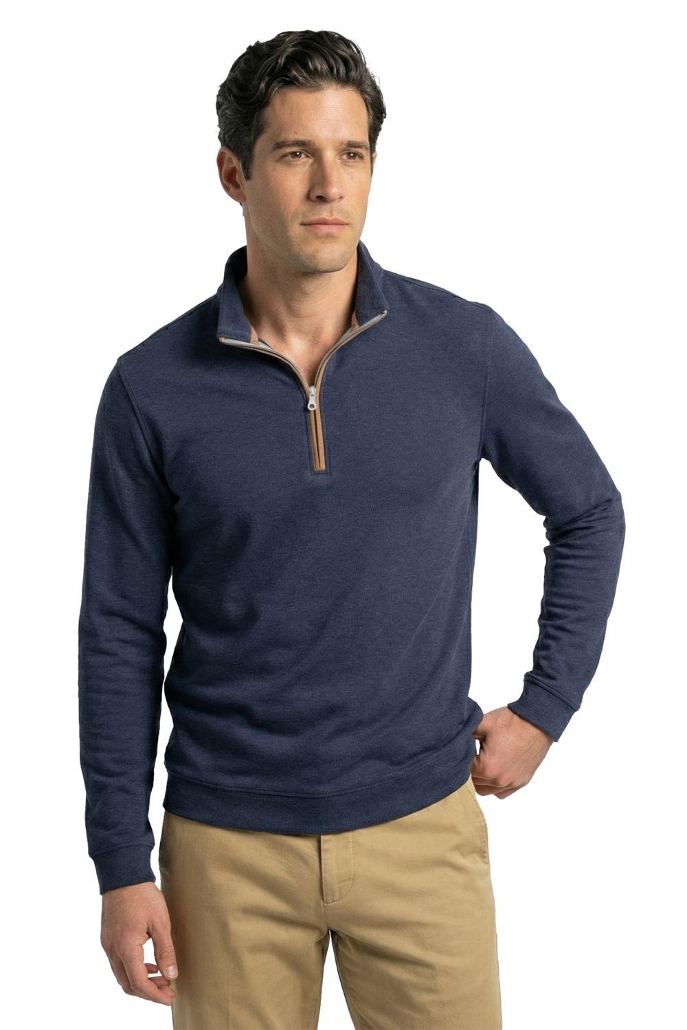 Stretch Heather Fleece Pullover in Navy by Scott Barber