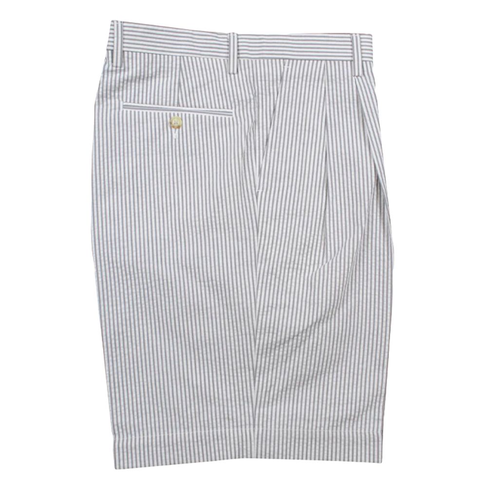 Seersucker Pleated Cotton Short in Grey and White, Size 34 (Ascot Double Reverse Pleat) by Berle