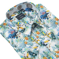 Tropical Print Short Sleeve No-Iron Cotton Sport Shirt with Hidden Button Down Collar by Leo Chevalier