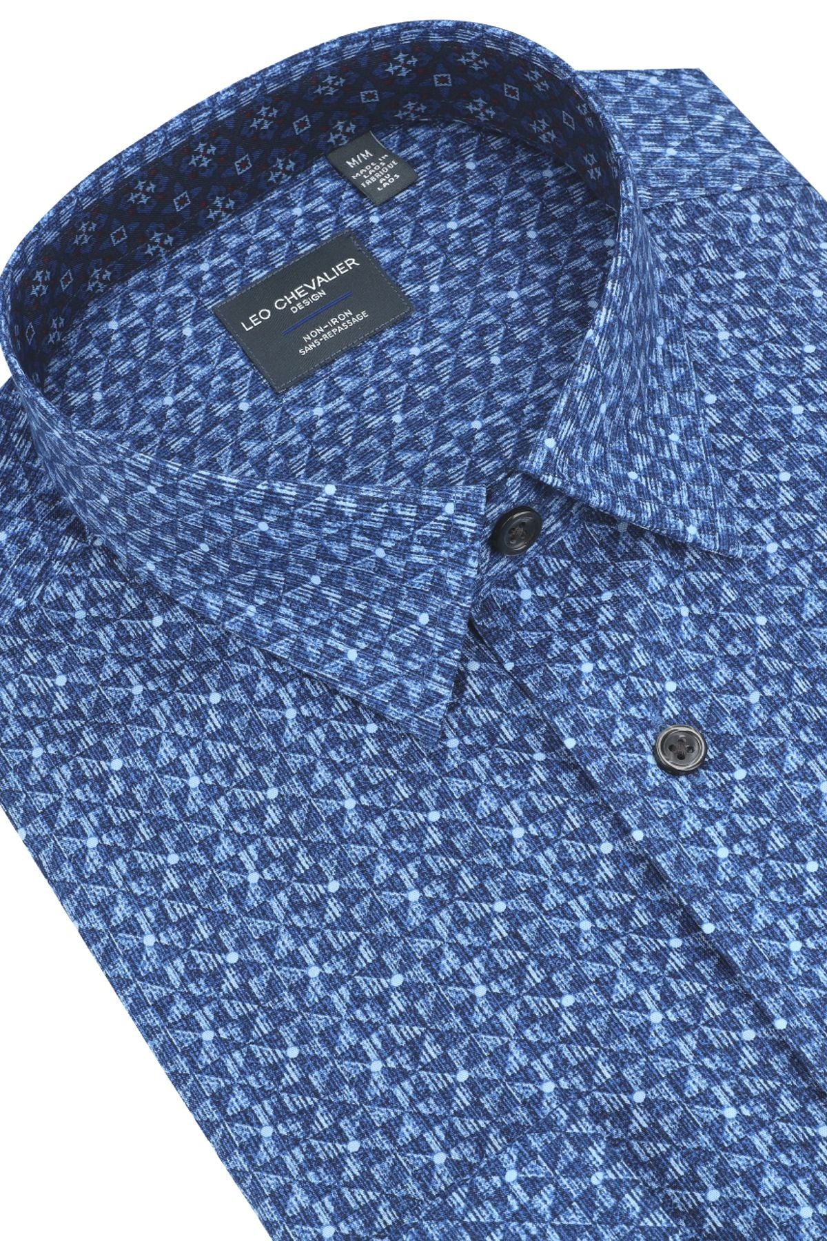 Multi Blue Geometric Cotton Sport Shirt with Hidden Button Down Collar by Leo Chevalier