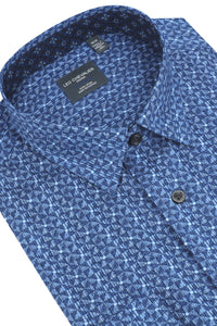 Multi Blue Geometric Cotton Sport Shirt with Hidden Button Down Collar by Leo Chevalier