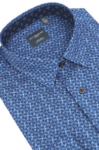 Multi Blue Geometric Cotton Sport Shirt with Hidden Button Down Collar by Leo Chevalier