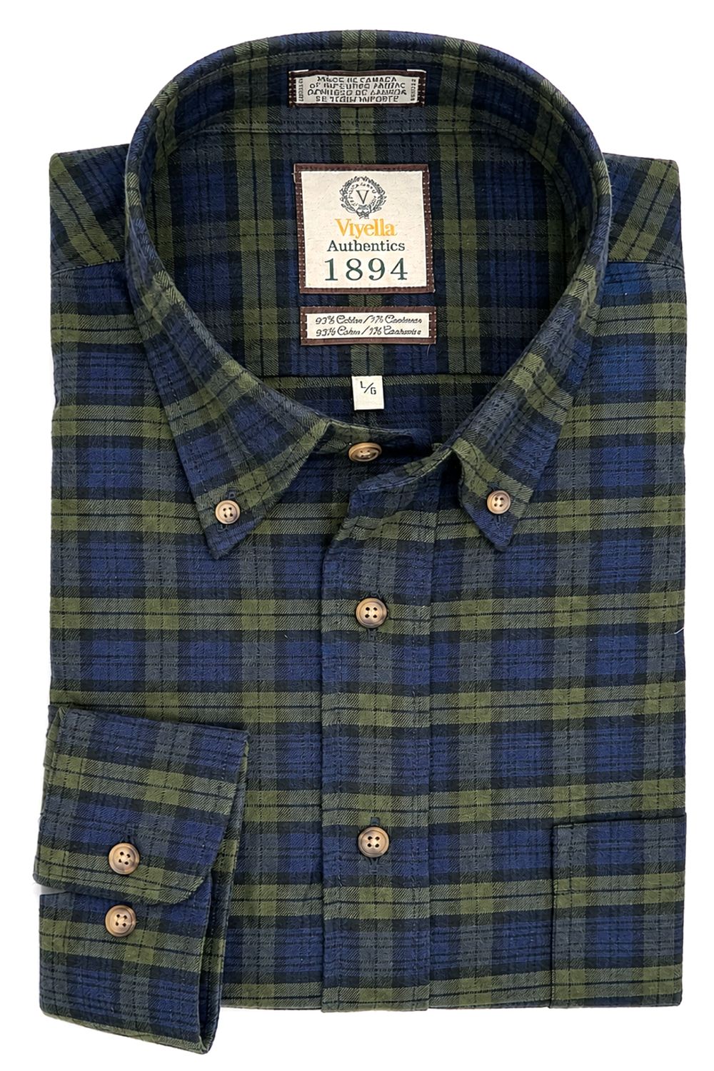 Navy and Green Plaid Cotton and Cashmere Blend '1894 Authentics' Button-Down Shirt by Viyella