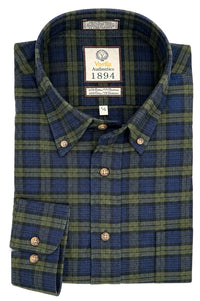 Navy and Green Plaid Cotton and Cashmere Blend '1894 Authentics' Button-Down Shirt by Viyella
