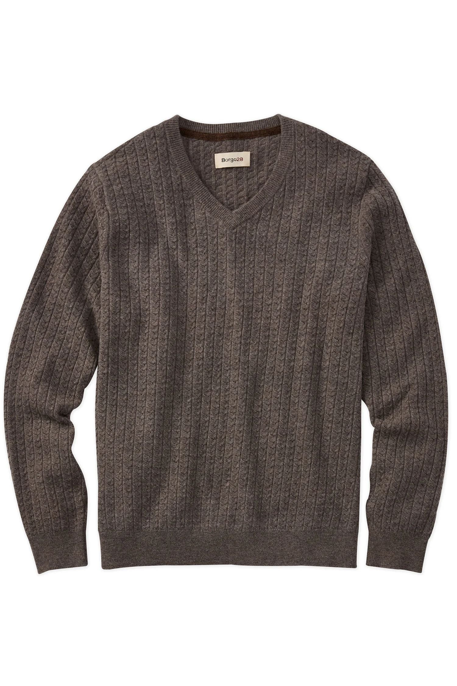 Fine Merino Wool Cable Knit V-Neck Sweater in Grey-Brown by Borgo28