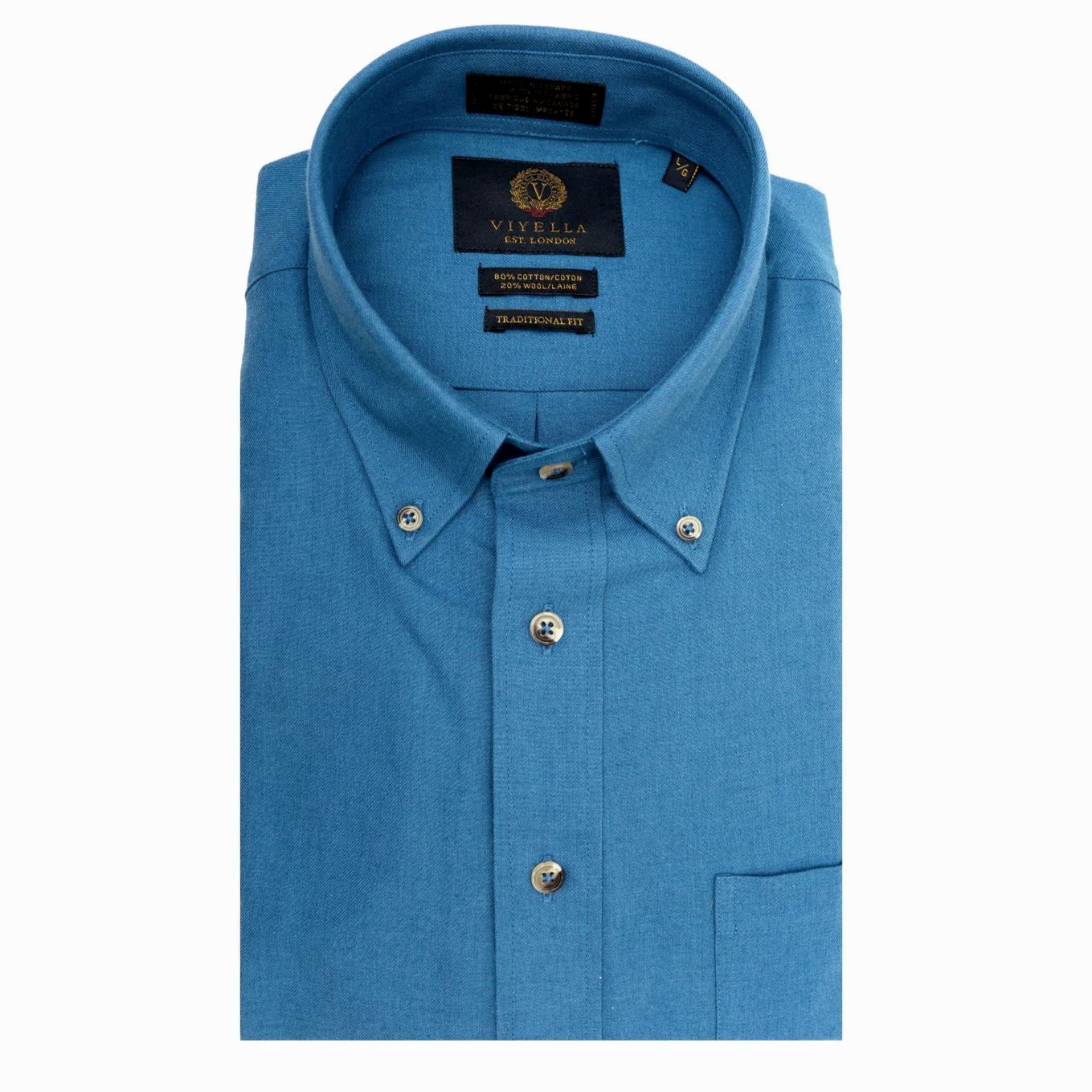 Cotton and Wool Blend Button-Down Shirt in Imperial Blue by Viyella