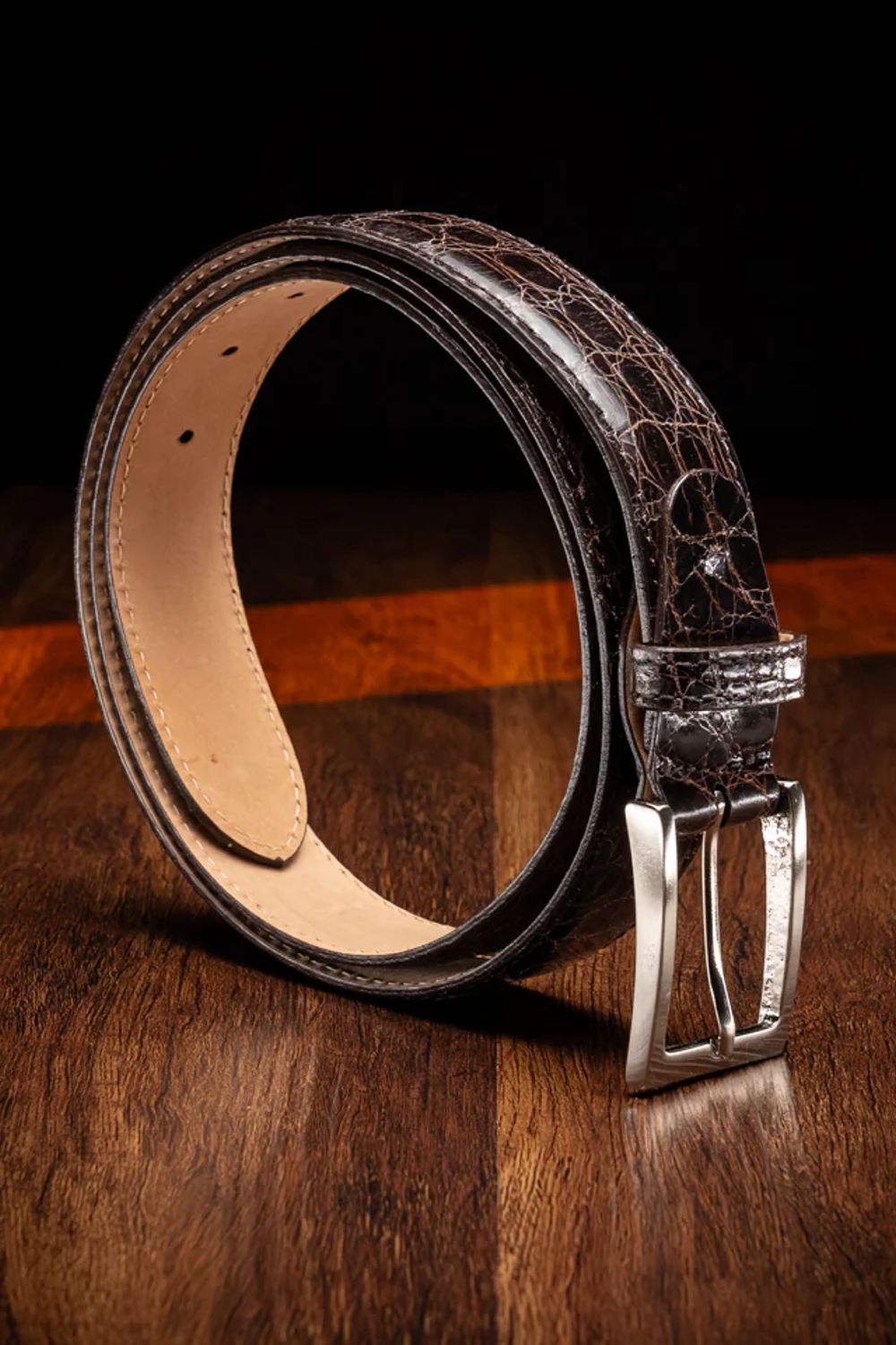 Caiman Crocodile Dress Belt in Nicotine by Zelli Italia