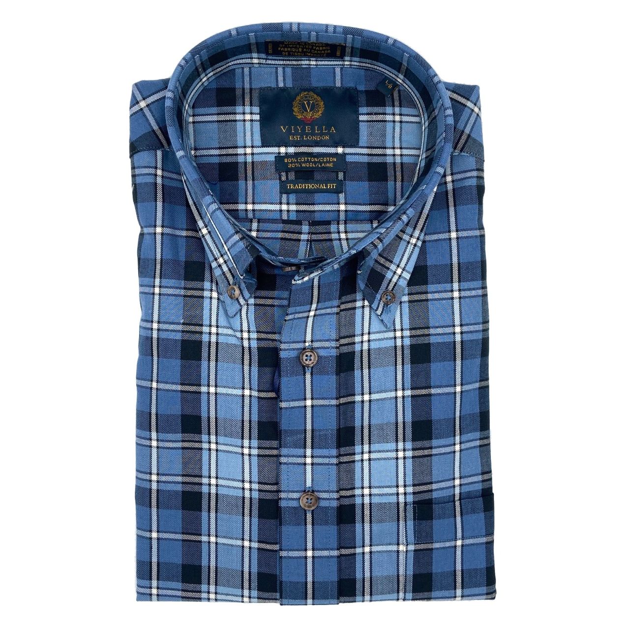 Multi Blue Plaid Cotton and Wool Blend Button-Down Shirt by Viyella