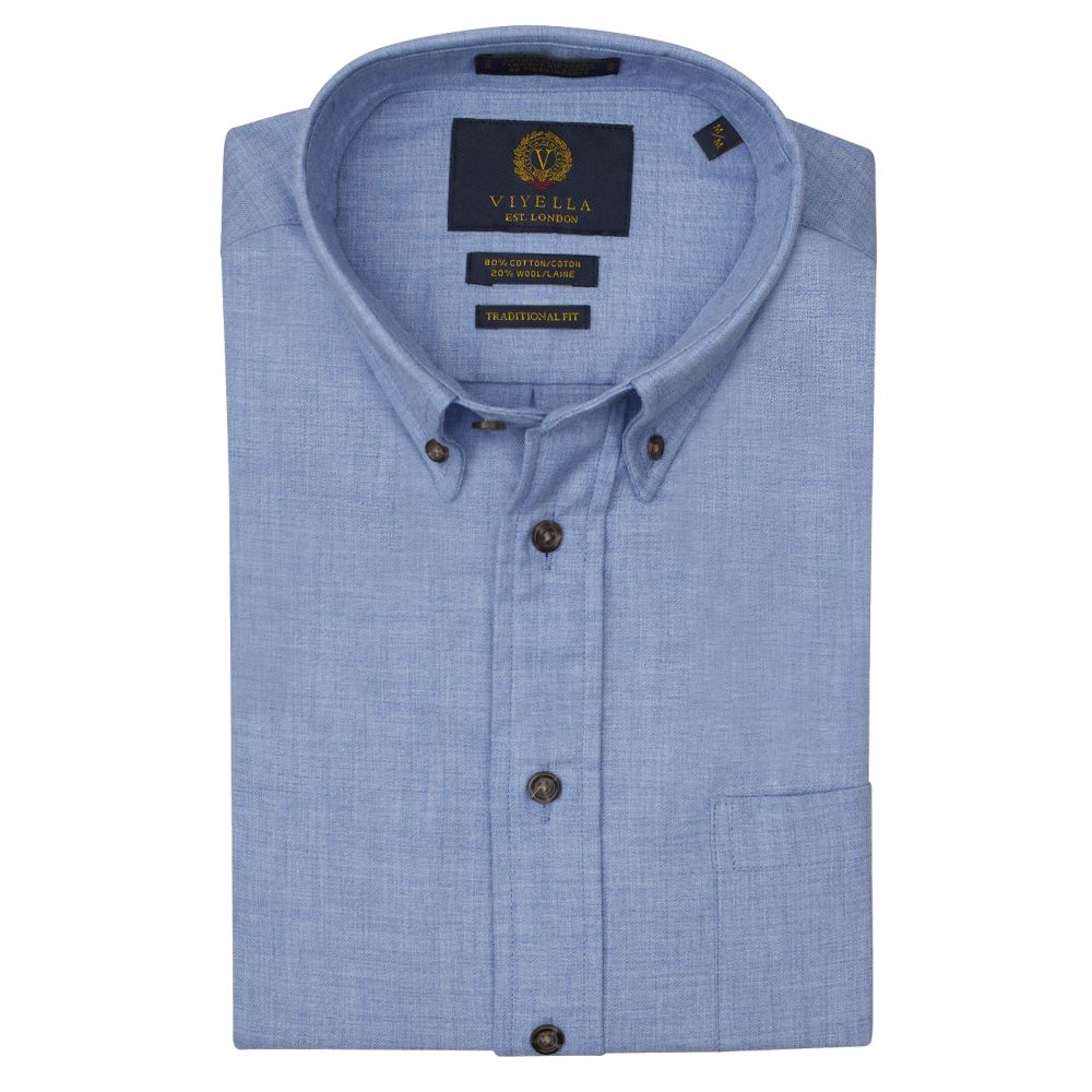 Solid Cotton and Wool Blend Button-Down Shirt in Chambray Blue by Viye