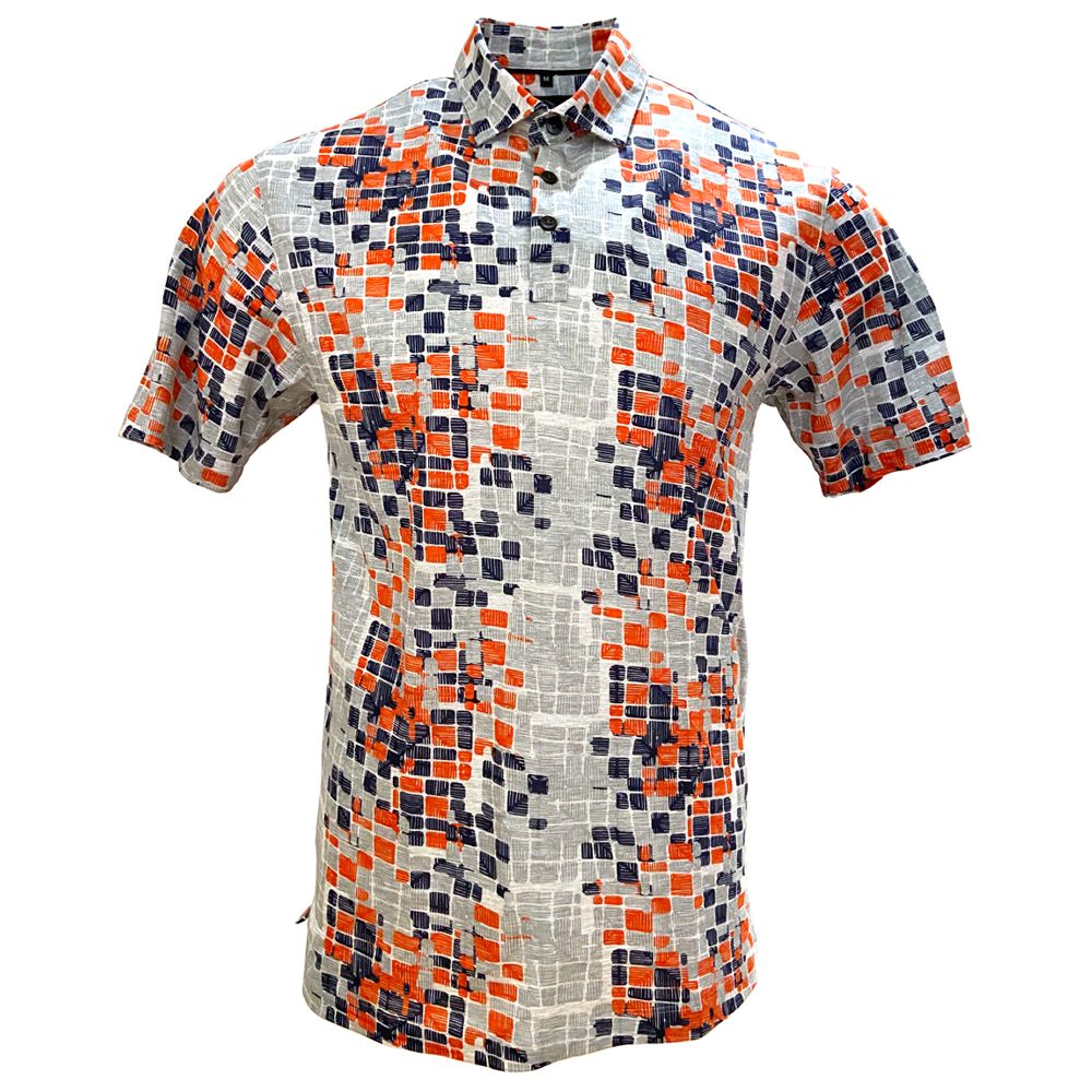 Box Print Cotton Polo in Blue, Orange, and Grey by Viyella