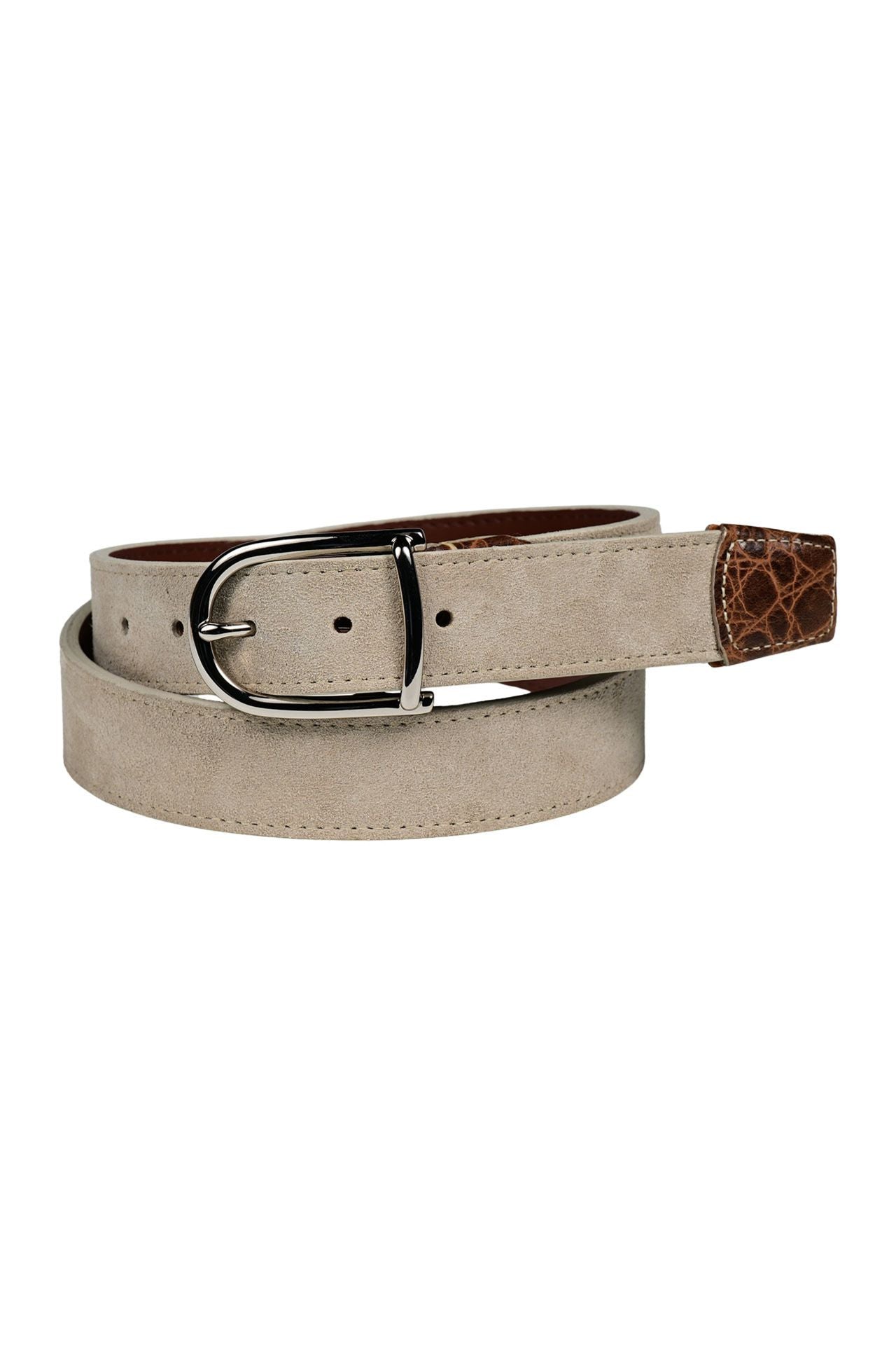 Sueded Calfskin Casual Belt with Crocodile-Embossed Calfskin Tabs in Tundra by Torino Leather