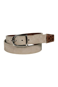 Sueded Calfskin Casual Belt with Crocodile-Embossed Calfskin Tabs in Tundra by Torino Leather