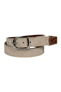 Sueded Calfskin Casual Belt with Crocodile-Embossed Calfskin Tabs in Tundra by Torino Leather
