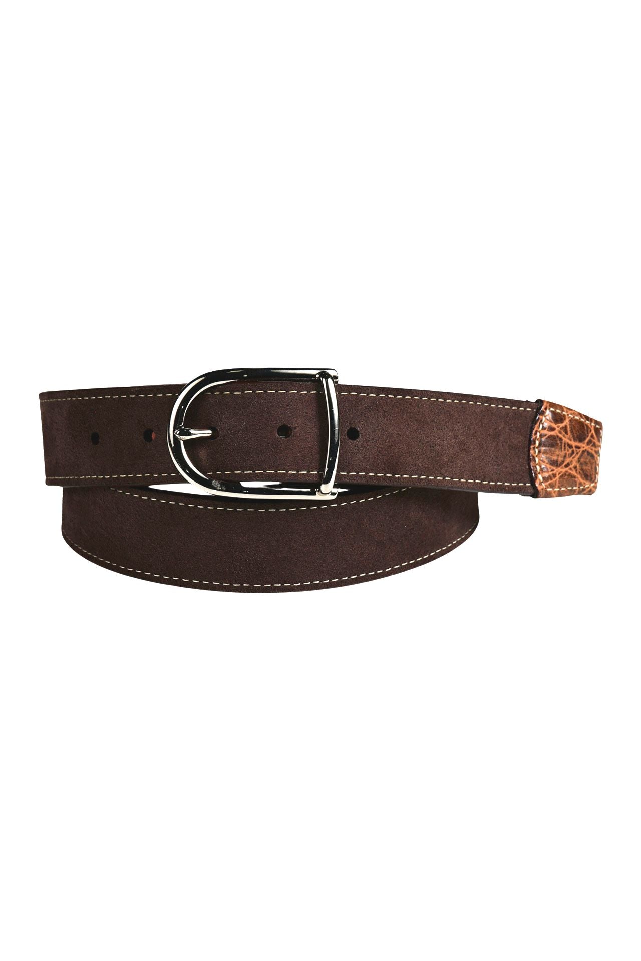 Sueded Calfskin Casual Belt with Crocodile-Embossed Calfskin Tabs in Dark Brown by Torino Leather